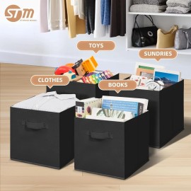 Storage Cubes - 6 Pack 11 Inch Fabric Foldable Bins with Handles Black