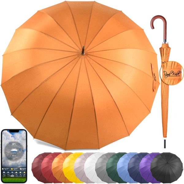 Royal Walk Windproof Large Umbrella for Rain 54 Inch Automatic Open for 2 Persons Wind Resistant Big Golf Umbrellas for Adult Men Women Classic Wooden Handle Fast Drying Strong 16 Ribs Travel 120cm (Orange)