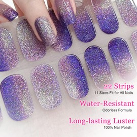 Ceboic Halbgehärtete UV Gel Strips, 22PCS UV Gel Nagelfolie Selbstklebend Langanhaltende Gellack Wraps für Nagel, Gel-Nagelfolien UV Härtend Nagellackstreifen zum Aufkleben (Lila Glitzer Gradient)