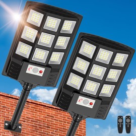 Solar Street Lights Outdoor Waterproof,6500K LED Dusk to Dawn Solar Light,260° Angle Flood light with Motion Sensor and Remote Control for Outdoor,Parking Lot, Courtyards,Parking Garages 2-Pack
