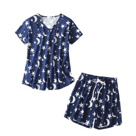 BERDITH Pyjamas for Women Short Sleeve Sleep & Lounge Cotton Blend Ladies PJS Set Summer Women's Pajamas Top & PJ Shorts Sets Soft Cute Print Nightwear Sleep Pijama UK 16/18 Blue Cat