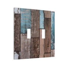 Brown/Blue Kitchen Old Wood Wooden Plank Print 2 Gang Toggle Light Switch Cover Lodge Garage Country Farmhouse Cabin Barn Double Device Toggle Decorative Switch Receptacle Outlet Wall Plate