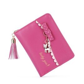 LUI SUI Women PU Leather Wallet Cute Cat Animal Card Holder Organiser Small Purse Tassel Zip for Women and Girls, Cat Rose Red Zip