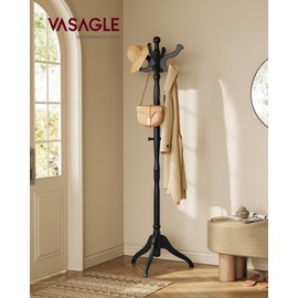 VASAGLE Coat Stand, Solid Wood Freestanding Coat Rack with 11 Hooks, Hall Tree for Bags, Purses, Hats, for Entryway, Hallway, Rubberwood, Ink Black URCR005B01