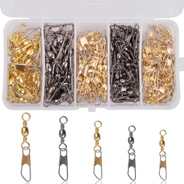 JSHANMEI 150PCS Fishing Swivels Barrel Swivels with Safty Snaps Fishing Connector Snap Swivels Solid Rings Fishing Tackle Accessories