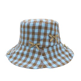 Women's Checkered Bucket Hat Bowknot Bucket Sun Hat Ruffle Brim Packable Summer Outdoor Fishing Caps for Travel Beach Blue