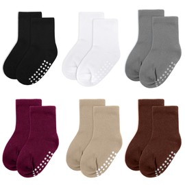 jealkip 6 pack baby socks, cotton crew children's socks, non-slip grip socks, unisex, for toddlers, boys, girls, Black/White/Gray/Redbrown/Khaki/Maroon, 3T