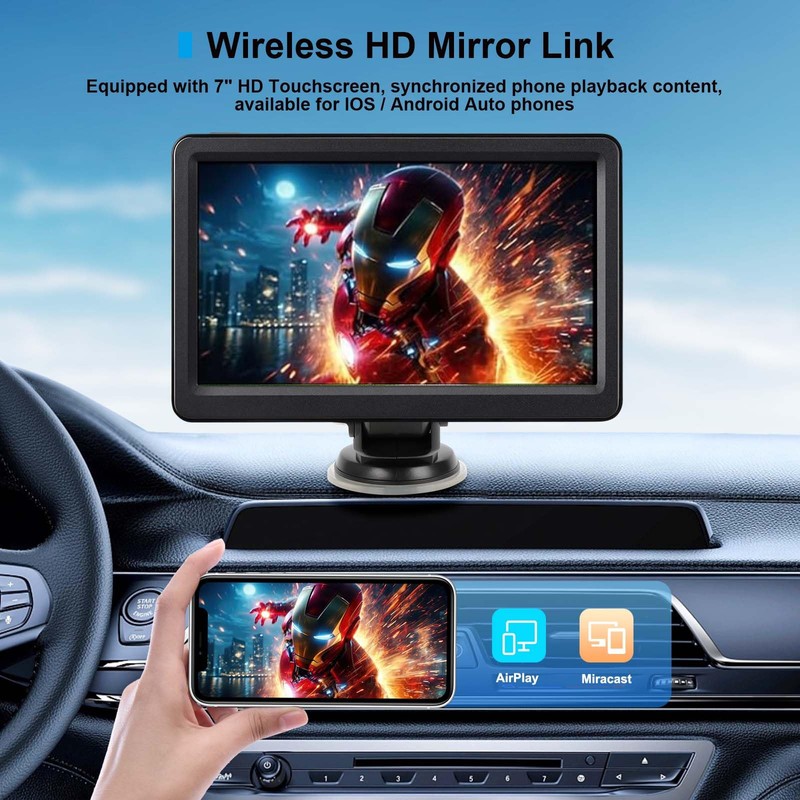7" HD Wireless Carplay Screen for Car, Touch Screen Portable