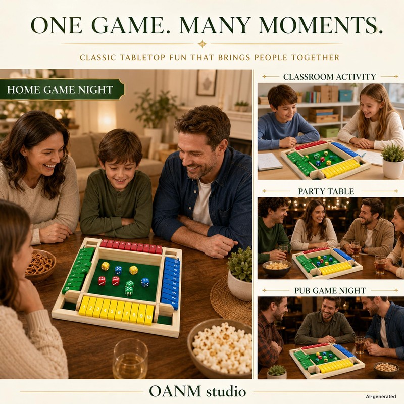 OANM studio Shut The Box Game, 4 Player Wooden Square