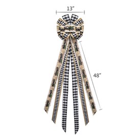 GOGOSY Christmas Tree Topper Bow,48''x 13'' Large Buffalo Plaid Truck Wreath Bows Handmade Xmas Ornaments with Long Burlap Wired Edge Ribbon for Farmhouse Christmas Decoration(Black and White Plaid)