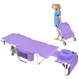 Wheel-To-Go Tanning Chair with Wheels & Face Hole Thicker Washable Adjustable, Heavy Duty Folding Lounge Chair, Outside Sunbathing Reading Beach Poolside, Lay Flat Sun Lounger, 300 LBS (Patent Design)