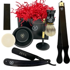 Straight Razor Shaving Kit | Vintage Wet Shave Grooming Set for Men - Includes: Straight Edge Razor with Cow leather Strop for Honning, Shaving Brush, Wet Sharpening Stone, Soap, Bowl Shave Stand
