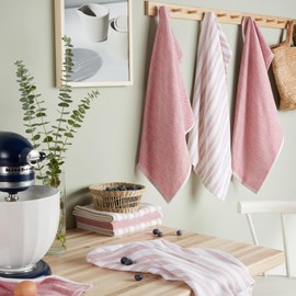 KitchenAid Chambray Stripe Kitchen Towels 8-Pack, Absorbent 100% Woven Cotton, Passion Red/White, 17”x28”