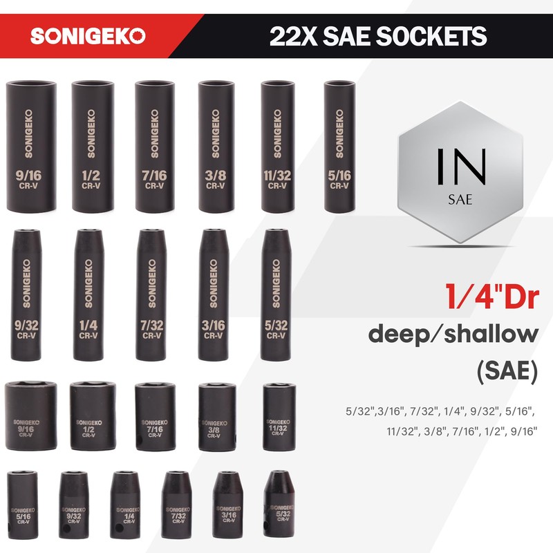 SONIGEKOSocket Set 1/4" Drive Impact Socket Set,55-Piece 6 Point Deep,Standard