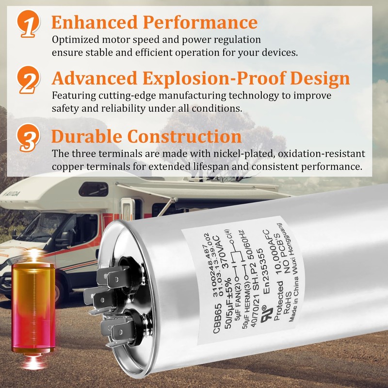 3313107.018 Capacitor Compatible with dometic RV Air Conditioner, 50/5uf±5%, 370VAC