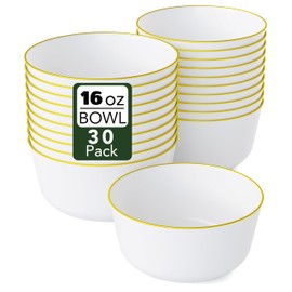 White With Gold Rim Plastic Bowls Disposable - 16 Oz Plastic Bowl 30 Count - Disposable Soup Bowls - Large Plastic Bowls - Heavy Duty Cereal Bowl - Plastic Serving Bowls For Weddings And Parties