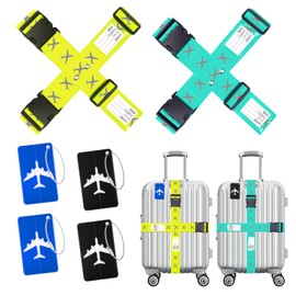 Flintronic Luggage Strap Suitcase Strap, Pack of 4 Adjustable Luggage Strap + 4 Luggage Tags, with Name Tag & Address Tag, for Luggage Strap for Travel & Flying