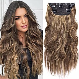 Hair Extensions Clip In 4 PCS Highlighted brown Synthetic Curly Hair Extensions 45 cm Clip In Hair Extension Fake Hairs Long Wavy Thick Hair Pieces for Women