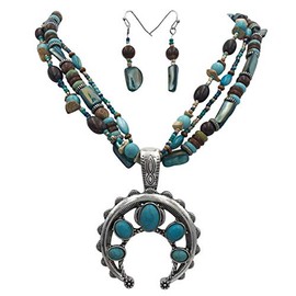 Gypsy Jewels Western Look Layered Bead Boutique Multi Color Statement Necklace & Dangle Earrings Set (Squash Blossom Blue Brown)