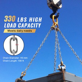 Happybuy Proof Coil Chain, 1/8" x 100', 330 lbs Safe Working Load, Zinc Plated Proof Tested Coil Chain with Two Quick Links, Galvanized Carbon Steel Link Chain for Towing, Hanging, Camping, Pet Towing