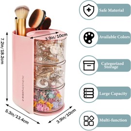 Organizador de accesorios para el cabello transparente de 3 niveles con soporte para cepillos de pelo, cajón giratorio, soporte de esponja de maquillaje, estuche organizador de computadora