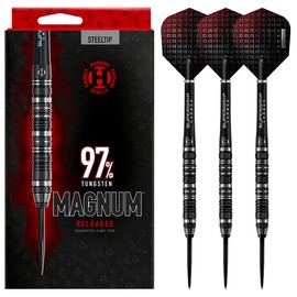 Harrows Magnum Reloaded 97% Tungsten Steel Tip Darts Set 22g, 23g, 24g, & 25g - Includes Slim Parallel Barrel, Silver Supergrip Carbon Midi Shafts & New 100 Micron Prime flights