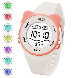 HMJIA Children's Watch Girls with Cat Motif Necklace Set 3ATM Waterproof Watch with Alarm Stopwatch LED Light Children's Watch Digital Birthday for 3-12 Years Girls, White, Strap.