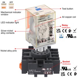 Weasch Power Relay MK3P-I Type RUB3C1024LT, DC 24V Coil, 11Pin 3NO 3NC DPDT, with LED Indicator Light and Test Button, Plug-in Terminal Socket Base, UL Certification (DC 24V)