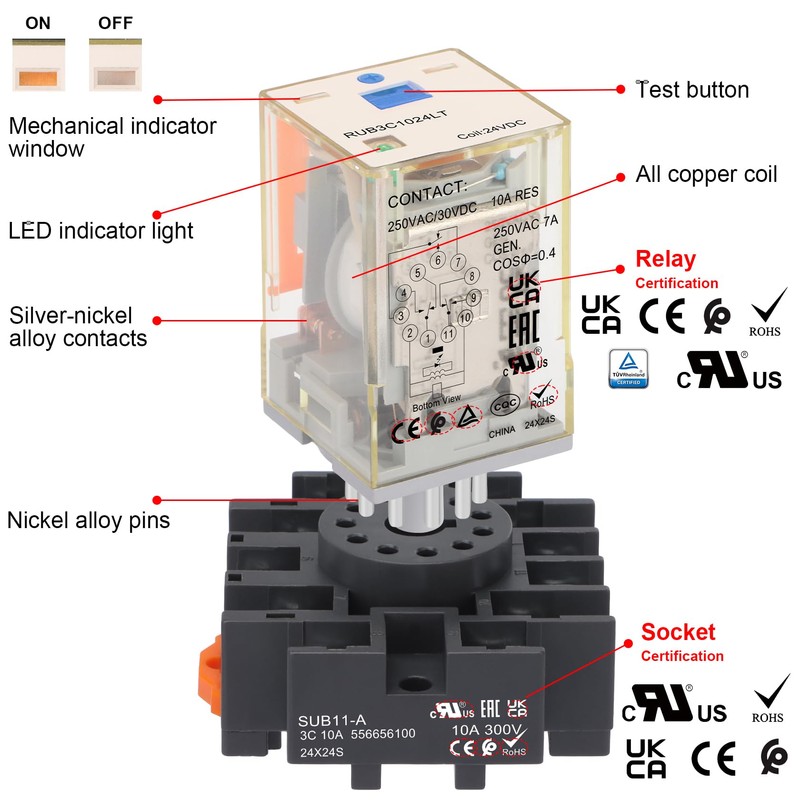 Weasch Power Relay MK3P-I Type RUB3C1024LT, DC 24V Coil, 11Pin