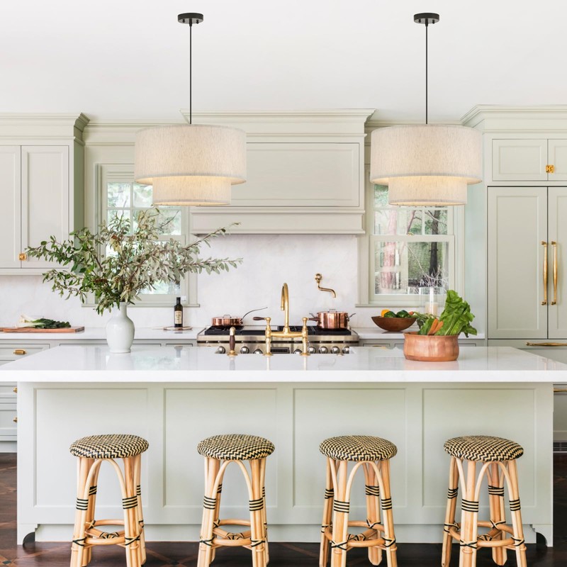 VILUXY Drum Fabric Pendant Light Farmhouse White Chandelier Double Drum