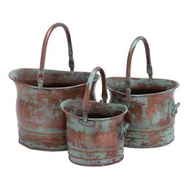Deco 79 Metal Indoor Outdoor Planter Patina Tulip Style Bucket Small Planter Pot with Stationary Handles, Set of 3 Planters 13", 11", 9"W, Copper
