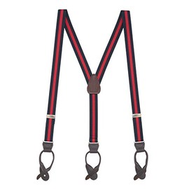 Suspender Store Dressy Striped Suspenders - 1-Inch Wide Elastic - Y-Back - Button - 42" for 5'0" to 5'9" tall - Navy/Red Stripes w/Brown Leather