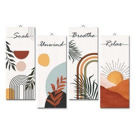 decalmile 4 Pieces Relax Soak Unwind Breathe Wooden Wall Art Boho Rainbow Leaves Wall Hangings Vintage Boho Wooden Plaque Living Room Bedroom Bathroom Wall Decor