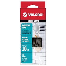 VELCRO Brand Cinta de montaje para cocina y baño. Diseño delgado resistente a la humedad para montaje empotrado. Rollo resistente de 3 pies con capacidad para 10 libras. Fácil aplicación de despegar y