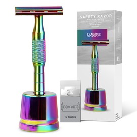 Rainbow Double Edge Safety Razor with Stand, Single Blade Razors for Men and Women, Reusable Metal 1 Blade Razors, with 10 Safety Razor Blades, Eco-friendly Smooth Close Shaving for Sensitive Skin