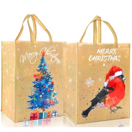 Christmas Tote Bags - 2 Pack Large Christmas Bags with Christmas Tree and Robin Handle Non-woven Fabric Gift Present Bag，ADQUATOR Xmas Shopping Bag for Holiday Party