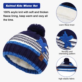 AYPOW 3pcs Kids Winter Warm Beanie Hat Scarf Gloves Set 4-8 Years, Thicken Fleece Lined Thermal Knitted Winter Accessories Sets for Kids Children Boys Girls, Beanie Cap with Pom Neck Warmer Mittens