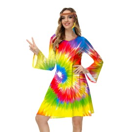 Hippie Costume Dresses for Women 60S 70S Style Retro Disco Dress Tye Die Print Dance Costume S