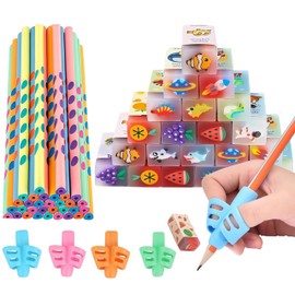 Kaimirui Pack of 44 Gadgets Birthday Children 20 Funny Pencils Children with 20 Erasers Children 4 Pieces Pencil Grips Party Bag End Party Birthday Pencils with Eraser Children