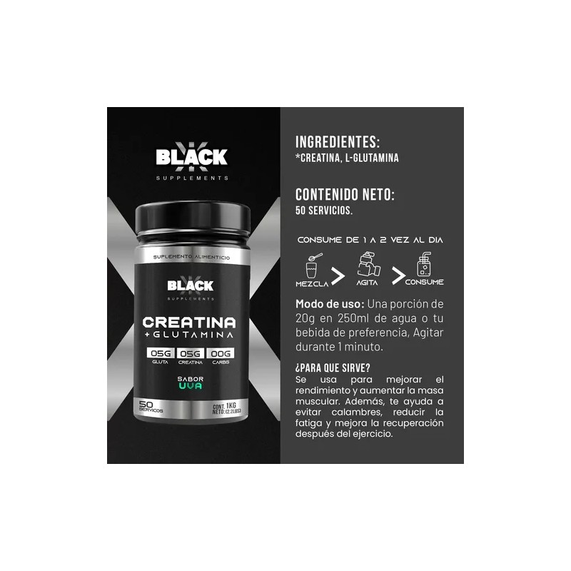 Creatina + Glutamina 50 Servicios Black 1kg Varios Sabores