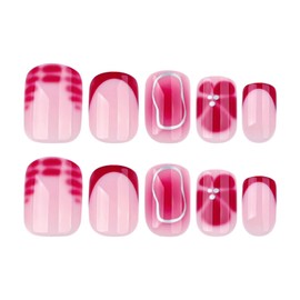 Flower Short Square Press on Nails Fake Nails French Tip Red Floral Designs Full Cover Glossy Glue on Nails Acrylic False Nails for Women Girls 24 Pcs (Red-6, P-6)