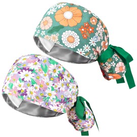 Fanadith Surgical Caps for Women, Scrub Caps Women Ponytail, 2 PCS Scrub Hats with Buttons Ribbon Tie, Adjustable Surgical Caps for Women Ponytail Nurse Cap