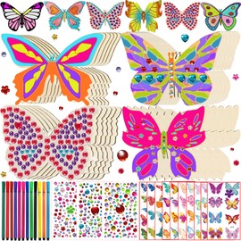 FZYESNO Butterfly Craft Sets for Children, 392 Butterfly Decoration, Children's Birthday Crafts, with 354 Rhinestones, 24 Wood, 12 Watercolour Pencils, 2 Stickers, Wooden Crafts Children for 4-12