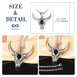 INFINIONLY Mens Stainless Steel Bull Necklace Pendant Punk Silver Bull Head Pendant with 55cm Chain for Teenager Boy Novelty Jewellery