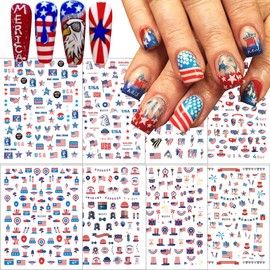 8 Sheets Independence Day Nail Sticker 4th of July Nail Art Stickers 3D Self-Adhesive USA Flags Heart Stars Eagle Nail Designs Decals Patriotic Nail Supplies for Women 4th of July Nail Decoration