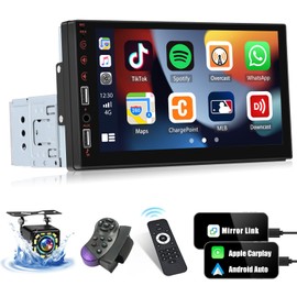 Single Din Touchscreen Car Stereo with Apple Carplay Android Auto Bluetooth 7 Inch HD Car Radio with Backup Camera Support Mirror Link/FM/AUX/USB/EQ/SWC/Fast Charging Remote Control Mic