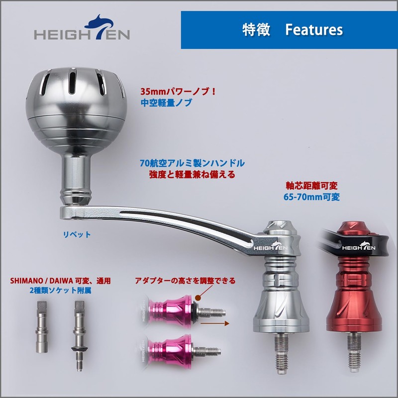 HEIGHTEN Adjustable 2.6-2.8 inches (65-70 mm) Reel Handle with 1.4-inch