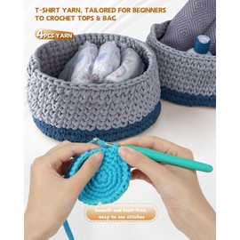 Katech 400g T Shirt Yarn for Crocheting, 130 Yards Elastic Fabric Crochet Cloth Yarn for DIY Knitting, Spaghetti Yarn Knitting Bag & Basket Cushion Projects w/ 2pcs Crochet Hooks (Grey)