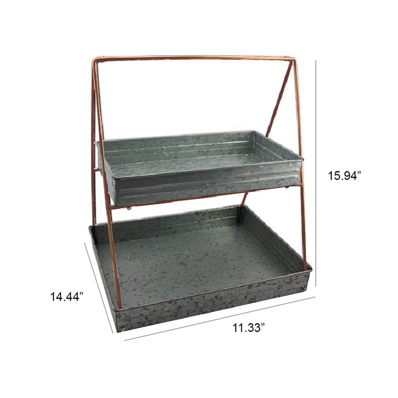 Benzara Galvanized Metal Two Tiered Rectangular Serving Tray, Gray
