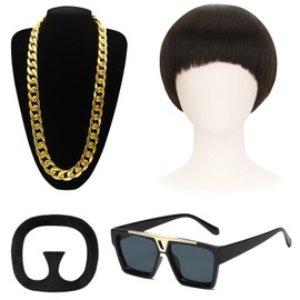 DtgEcd Ibiza Final Boss Wig, 4-Piece Costume Set for Men, Bowl Cut Wig with Sunglasses, Fake Mustache, Gold Chain, Funny Party Accessories for Music Festivals, Themed Nights